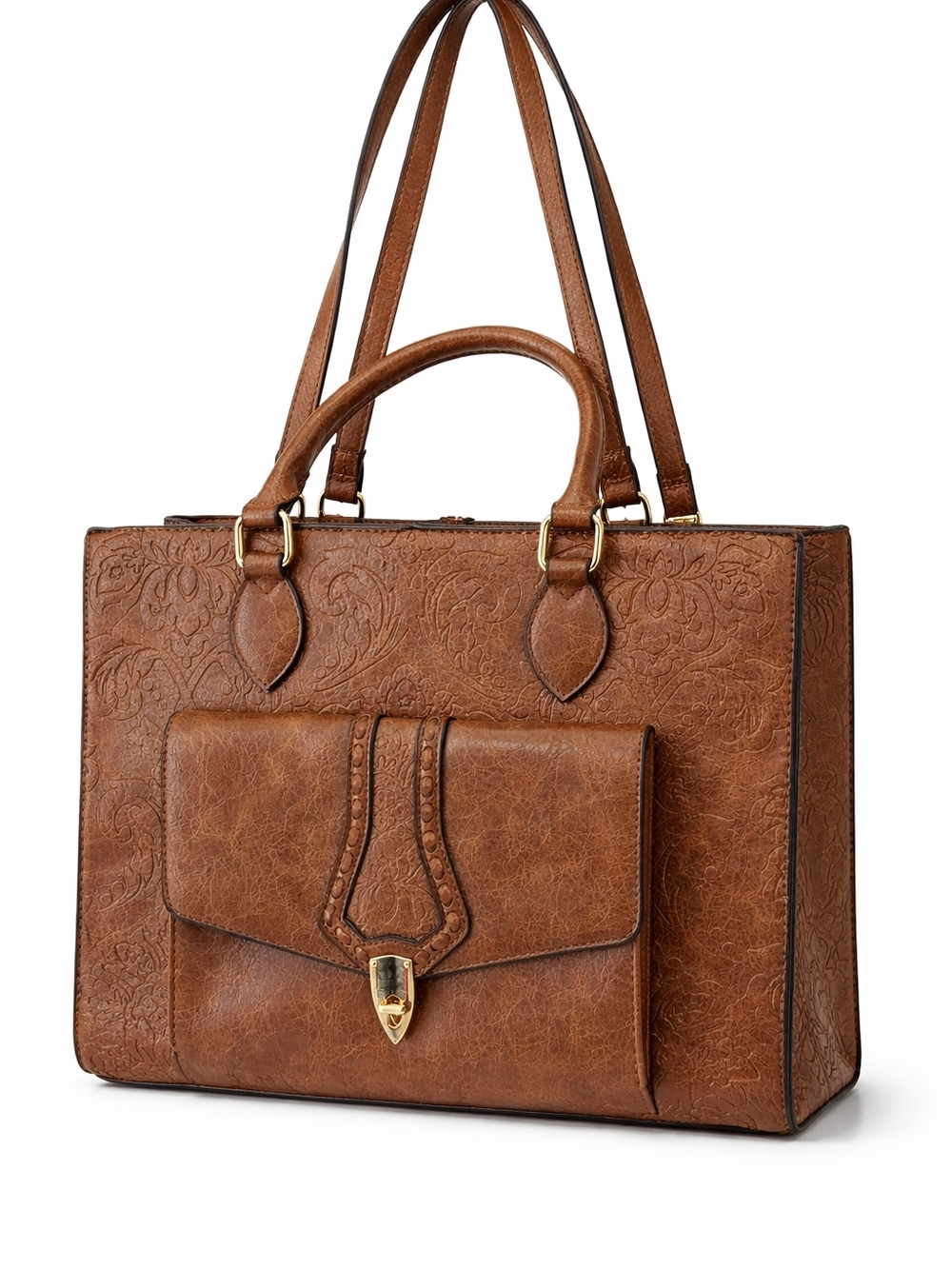 Classic Embossed Brown Tote Handbag